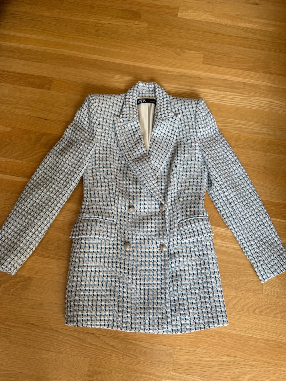 Zara White and Blue Tweed Double-Breasted Blazer